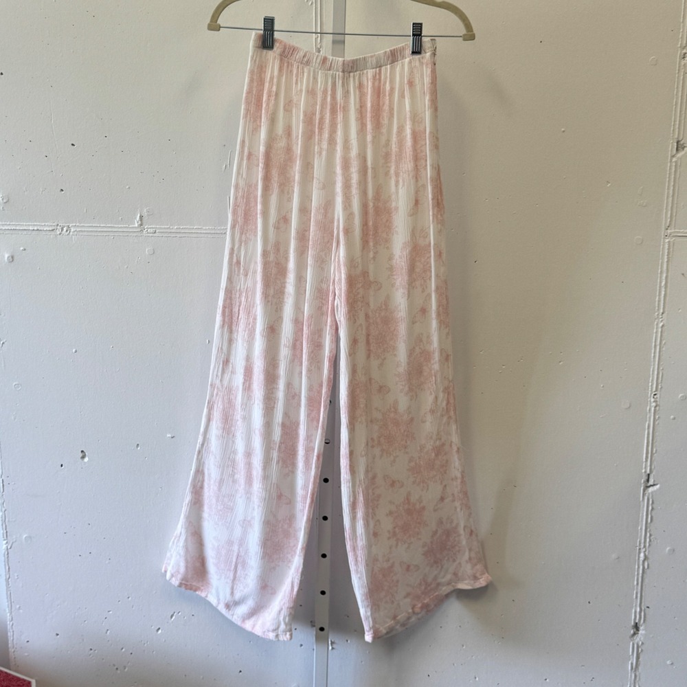Dippin Daisys Pink White Floral Toile Wide Leg Pants Large Boho Festival